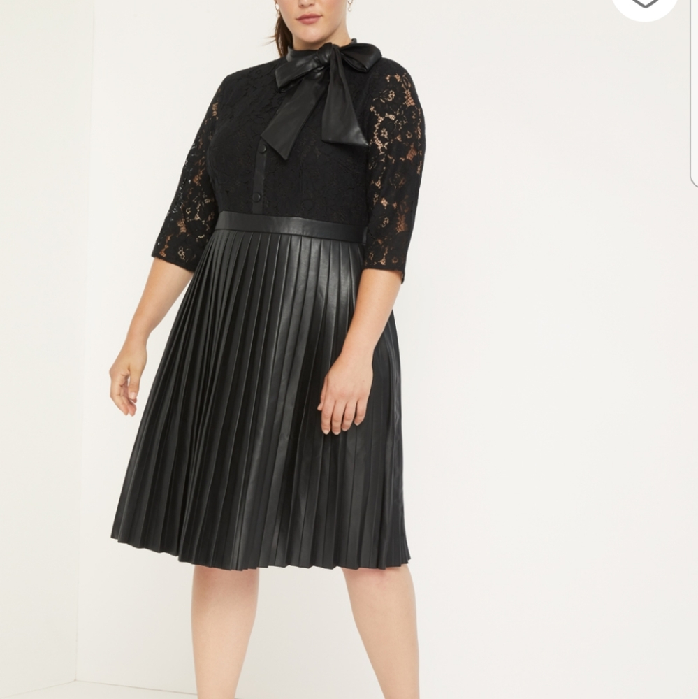 Eloquii 20 Black Leather and Lace Pussy Bow Dress